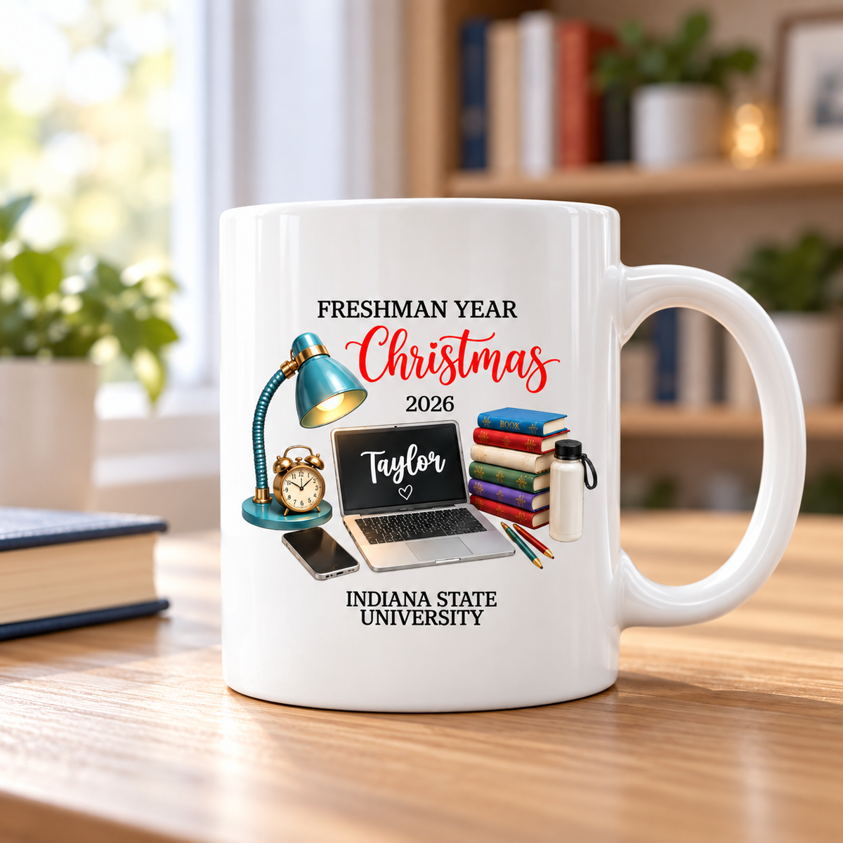 Freshman Year Christmas Study Desk – Personalized Mug – College Student Christmas Gift, First Year Keepsake