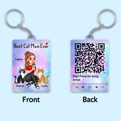 Cat Mom Pretty Cartoon Girl Gift For Cat Lover Favorite Song QR Code Personalized Acrylic Keychain
