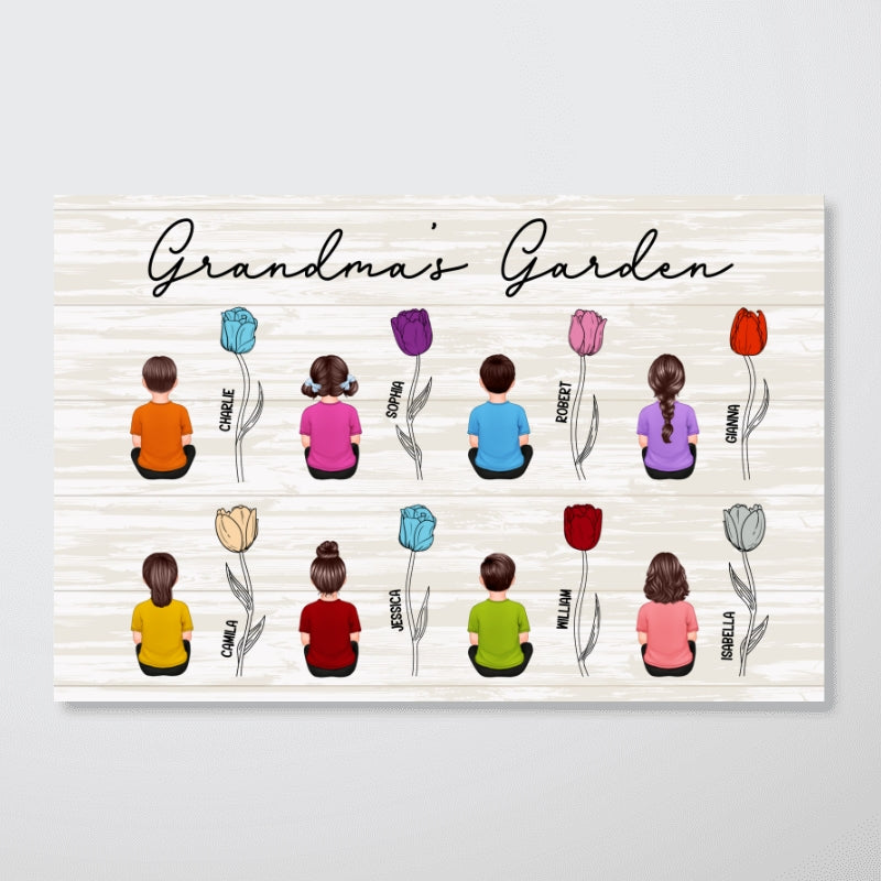Grandkids Sitting Grandma Garden Tulip Flowers Personalized Horizontal Poster