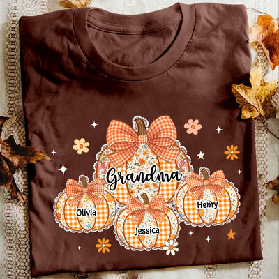 Lace Pattern Grandma Custom Pumpkins With Kids Names - Personalized Shirt - Gift For Grandmas, Fall Vibe Cozy Shirt
