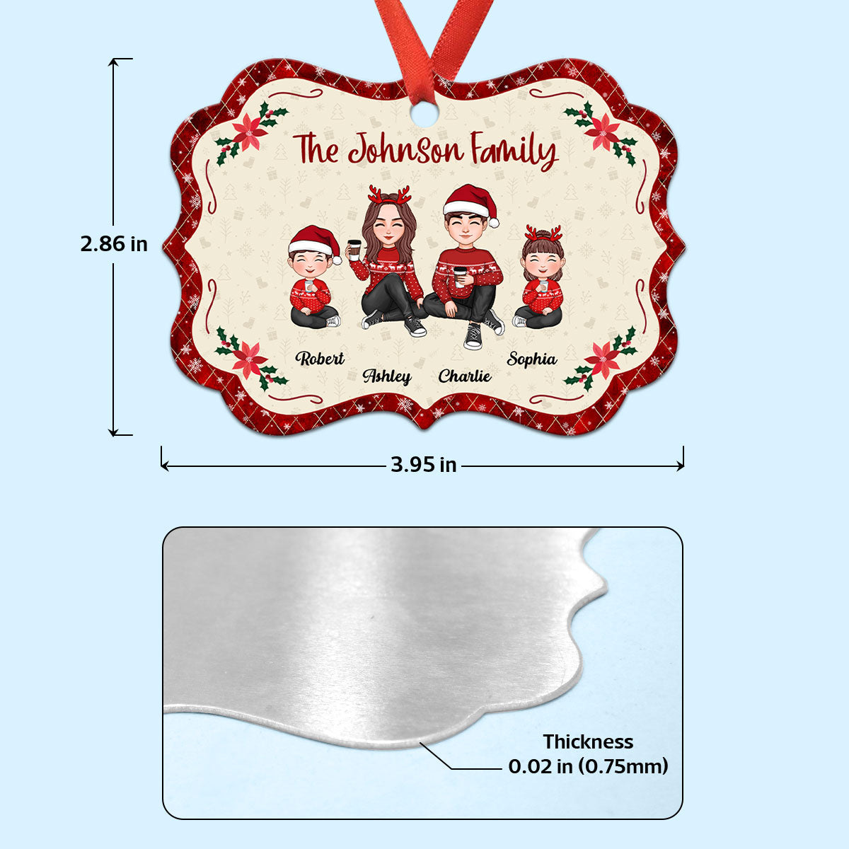 Cute Family Doll Mom Dad Kid Dog Cat Red Border Christmas Themed Personalized Christmas Ornament