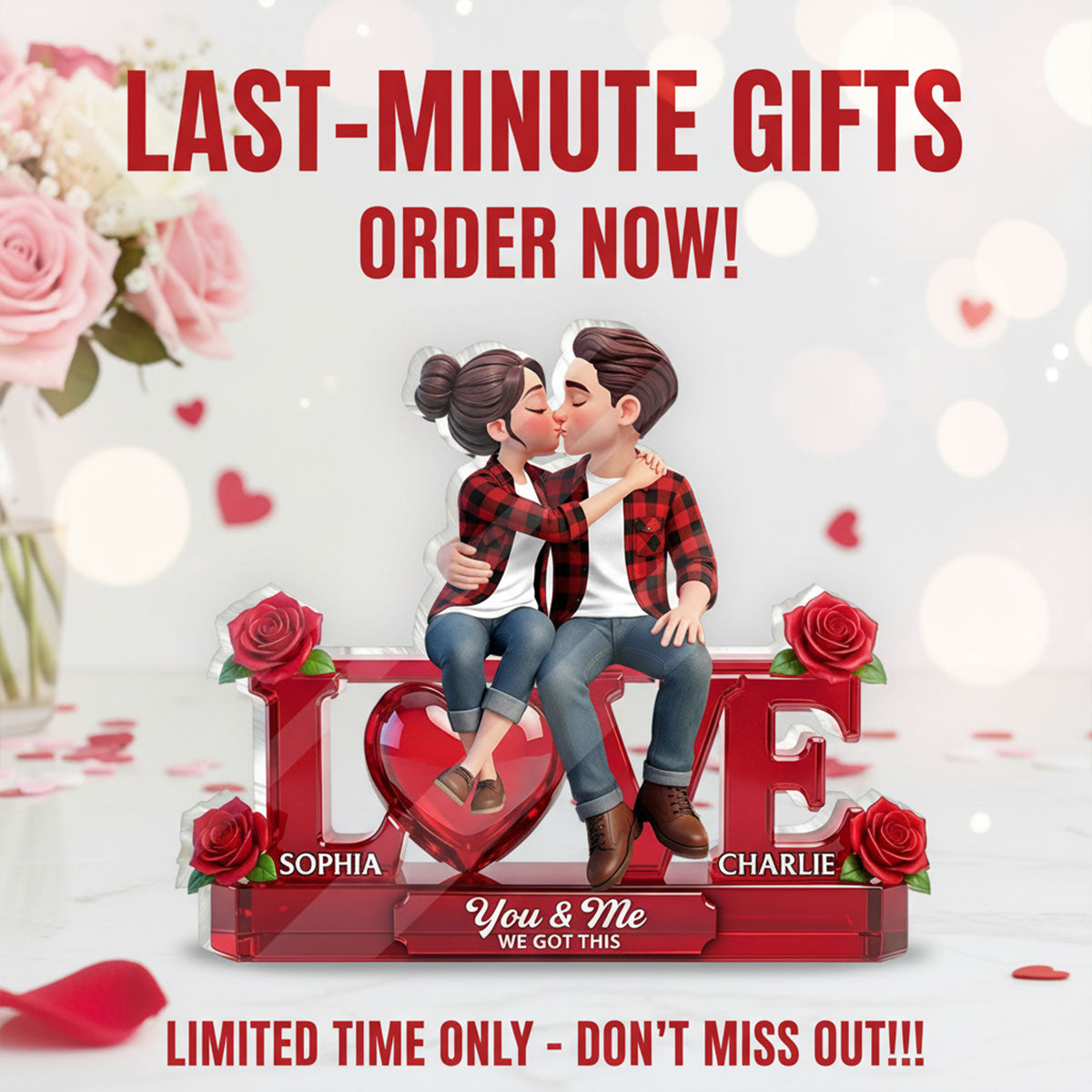 Roses LOVE Couple Sitting Kissing - Personalized Acrylic Block Plaque - Valentine's Day Gift For Couple, For Him, For Her
