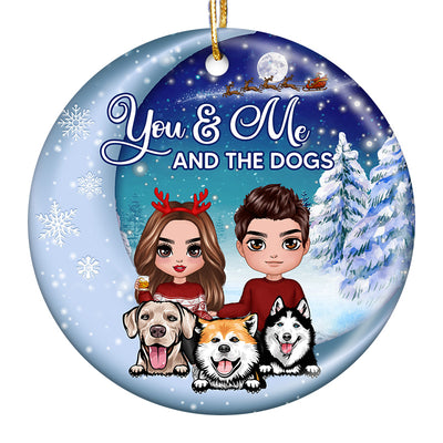 Couple And Dogs Christmas Moon Night Personalized Circle Ornament