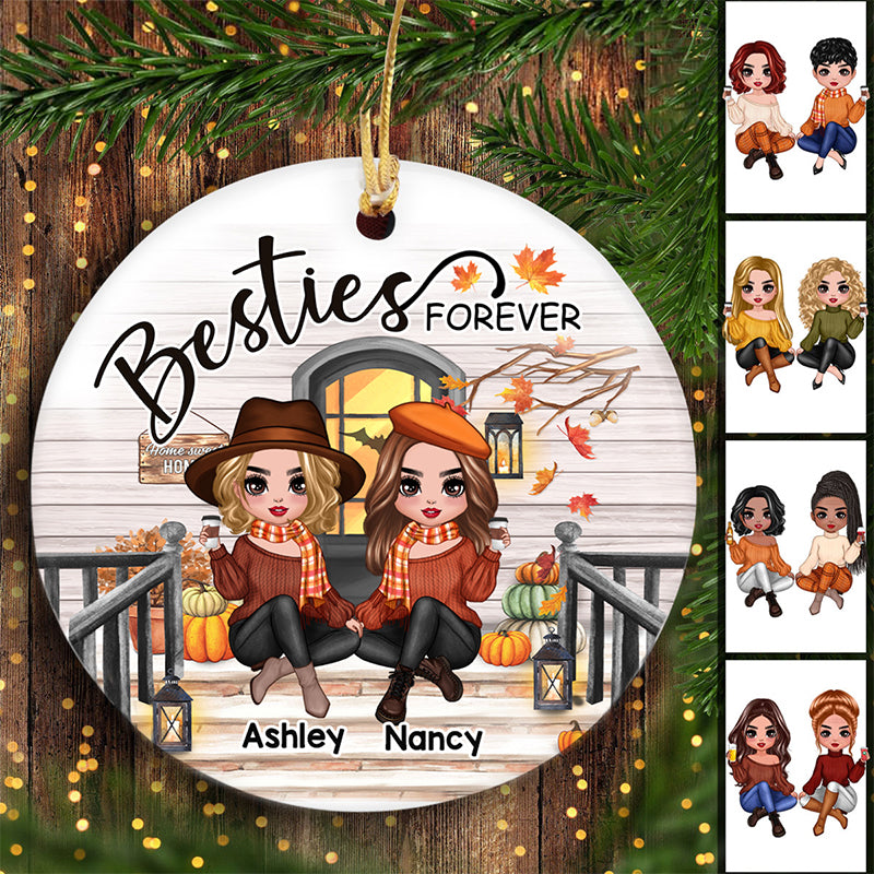 Fall Season Best Friends Sisters Front Porch Personalized Circle Ornament