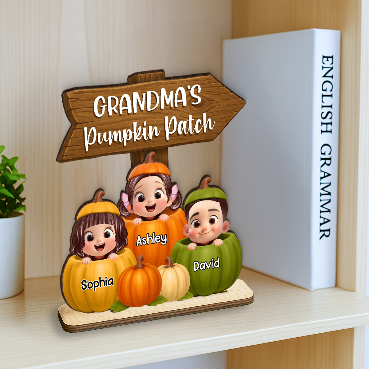 Grandma Pumpkin Patch Cute Grandkids Direction Sign 3D Effect Personalized Standing Wooden Plaque
