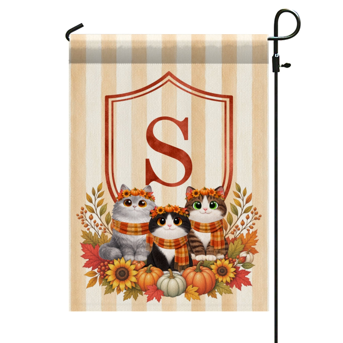 Fall Season Monogram Initial Family Cat Lovers - Personalized Garden Flag, Hydrangea Shield