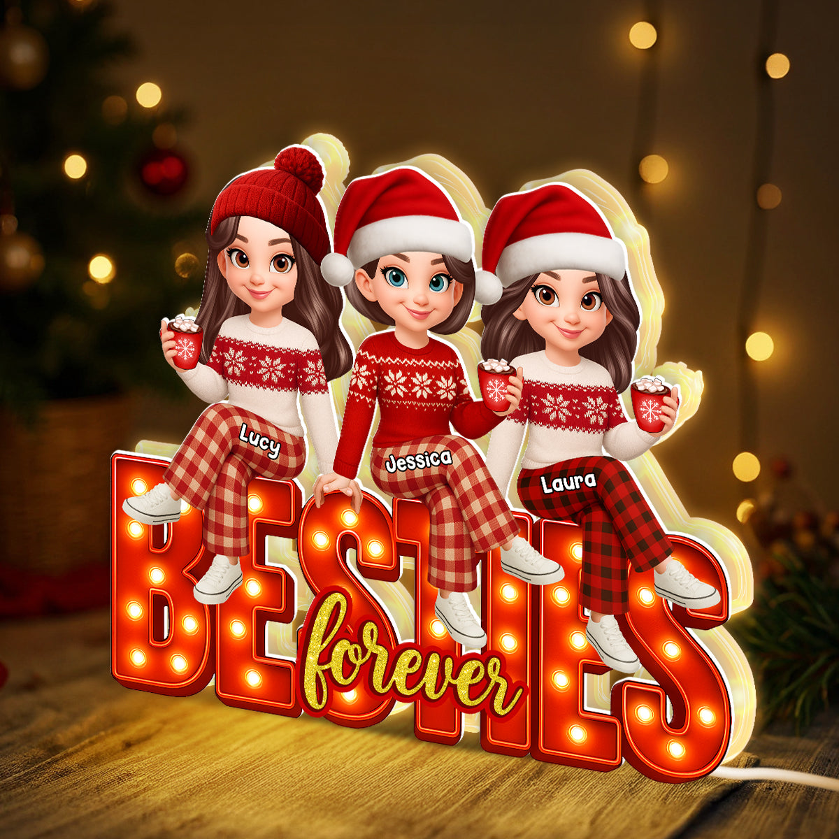 3D Effect Christmas Besties Forever - Personalized Light Box - Christmas Gift For Best Friends