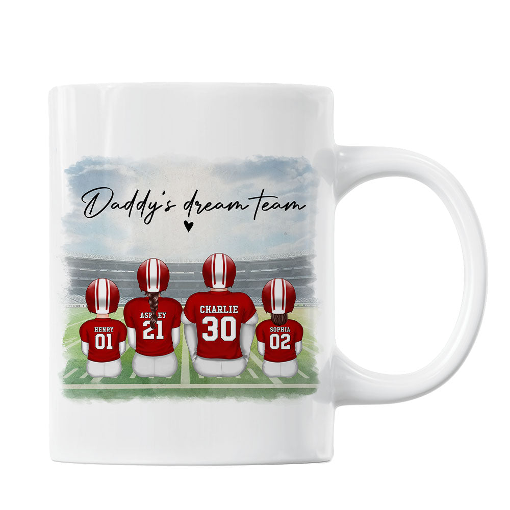 Daddy's Team Football Family Sitting Personalized Mug, Father's Day Gift For Dad, Grandpa, Husband