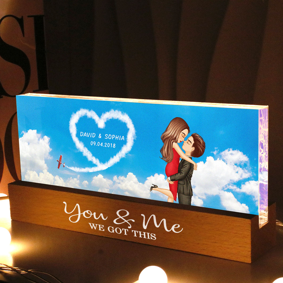 Love In The Sky, Couple Hearts Personalized Acrylic Block LED Night Light, Valentines Gift, Anniversary Gift