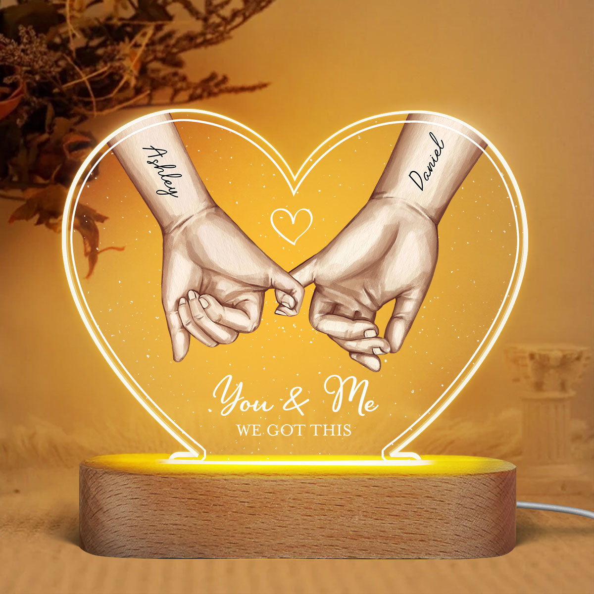 Personalized Couple Hands Pinky Promise Acrylic Heart LED Night Light,  gift, Anniversary Gift for Couples
