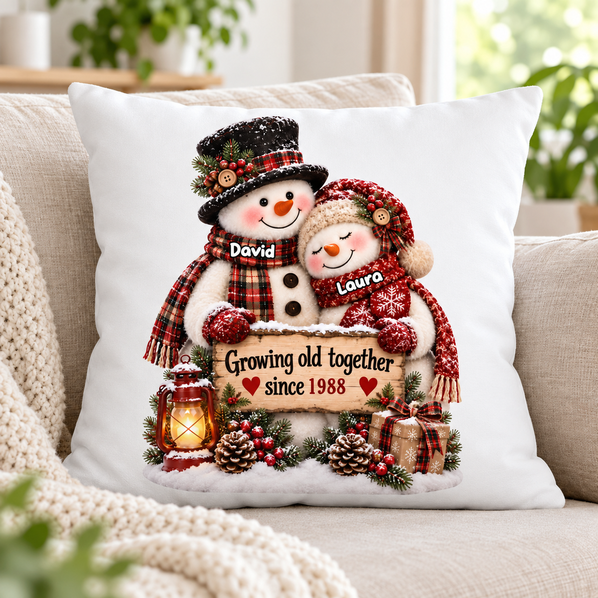 Snowman Couple Hugging Growing Old Together - Personalized Pillow - Heartfelt Christmas Gift for Her, for Him
