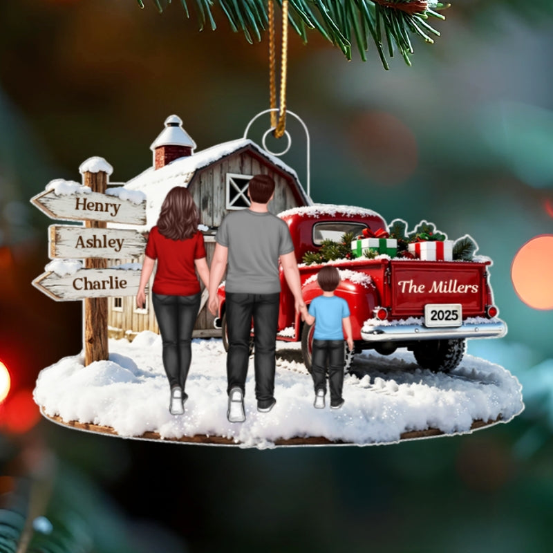 Christmas Truck Barn House Family Sign Post - Personalized Acrylic Ornament - Christmas Gift For Family