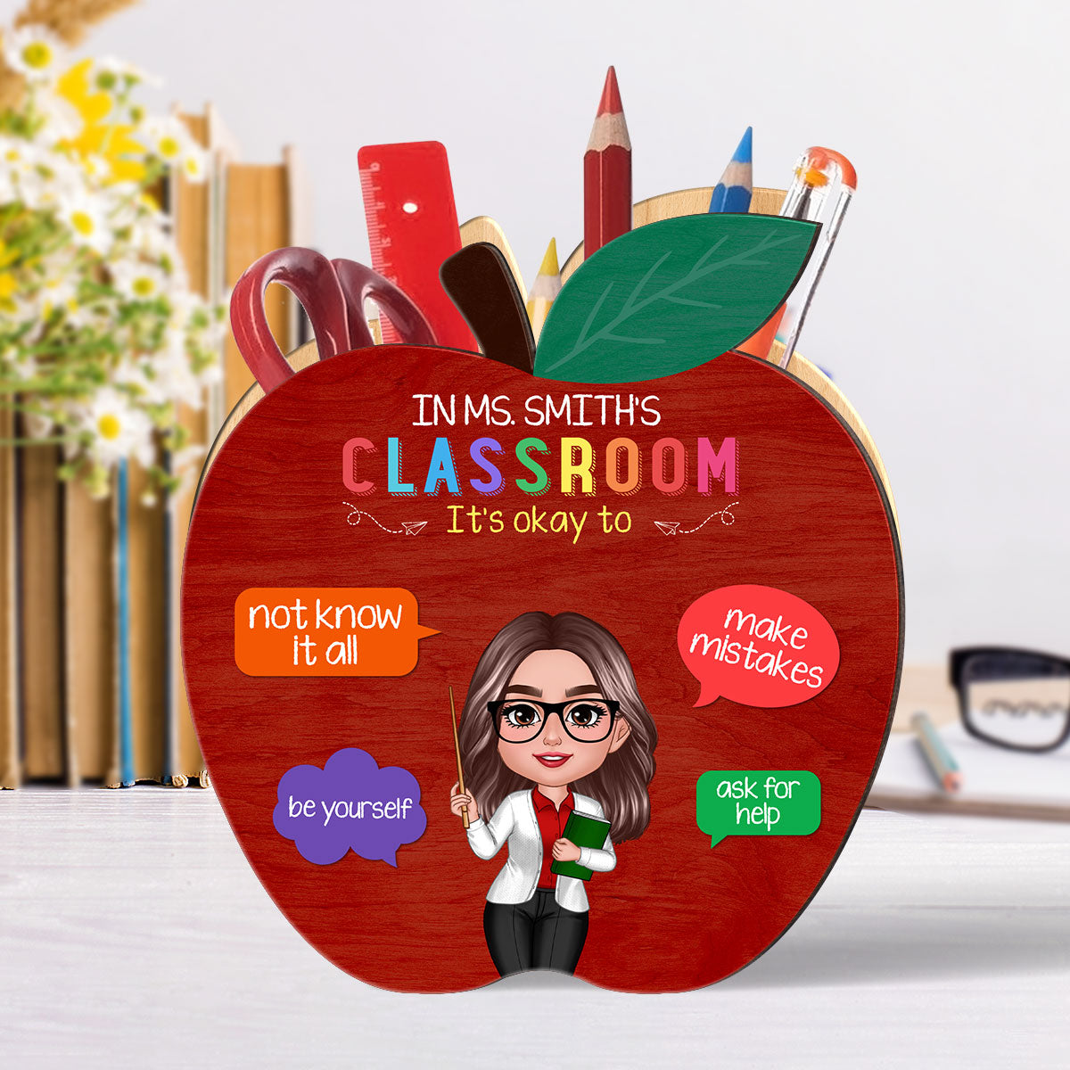 In This Classroom Personalized Apple Shaped Pen Pencil Holder, Back-to-School Gift for Teachers