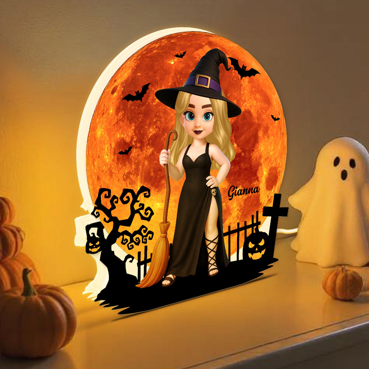 Cartoon Pretty Witch Under Halloween Moon Wicca Pagan Decor Personalized Light Box, Gift For Her