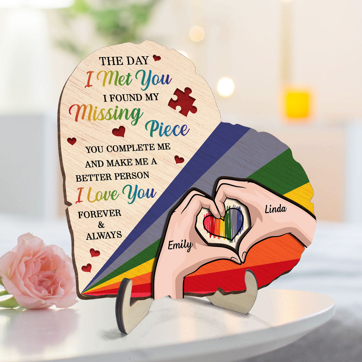 Half Heart Rainbow Flag LGBTQ Couple Personalized 2-Layered Wooden Plaque, Pride Month gift