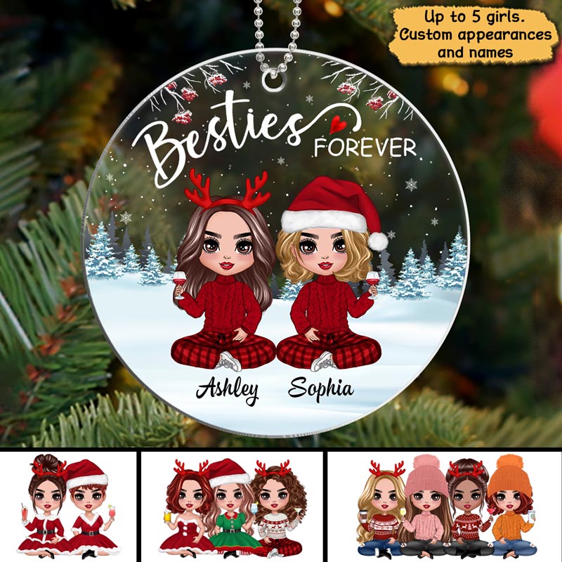 Doll Besties Sisters Sitting In Snow Personalized Acrylic Ornament
