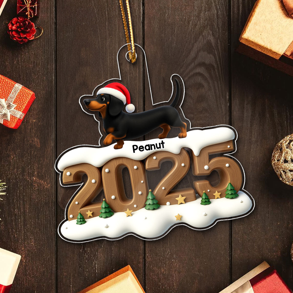 3D Effect Christmas Dachshunds Walking - Personalized Acrylic Ornament - Gift For Dachshund Lovers
