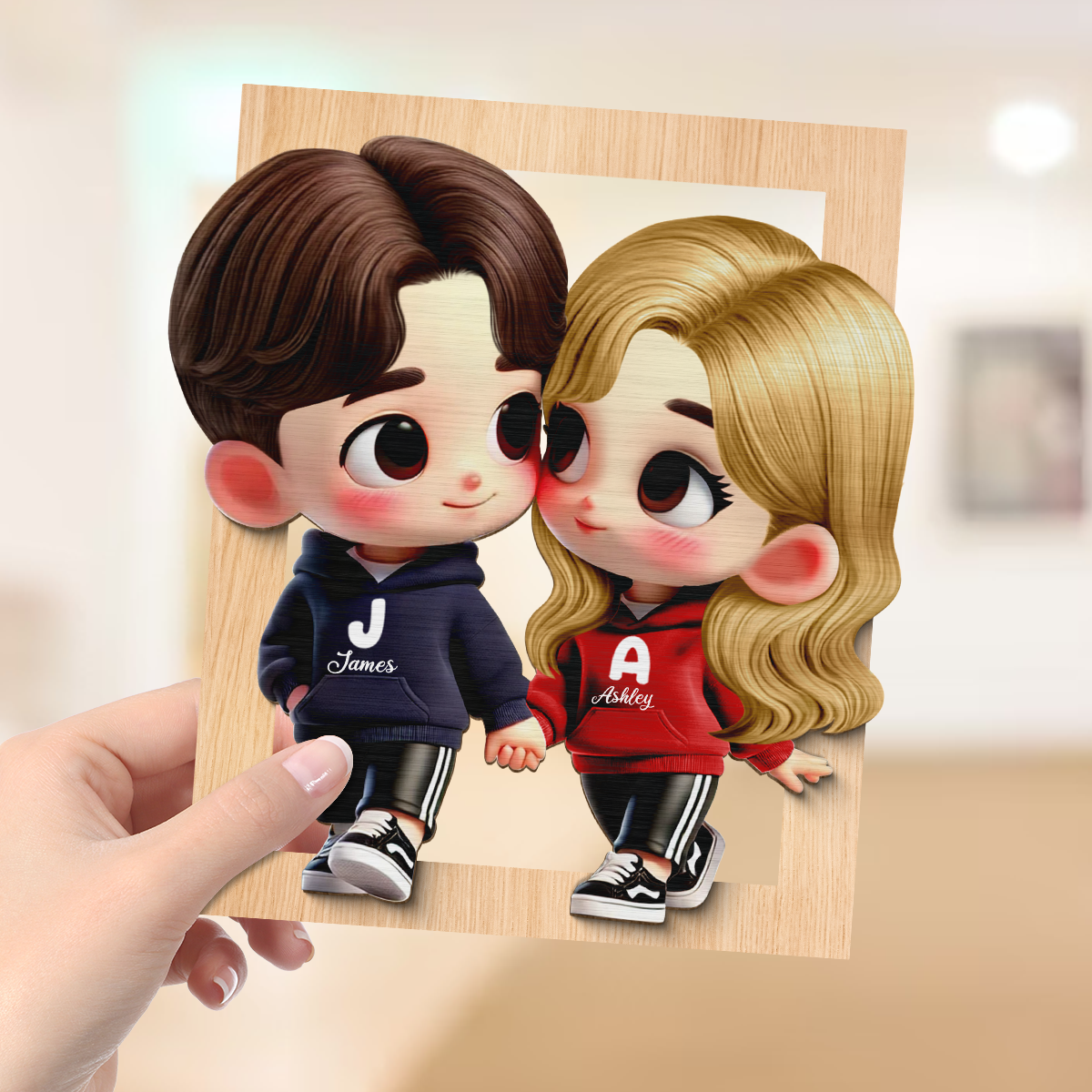 3D Effect Cute Cartoon Couple Holding Hands Personalized 2-Layered Wooden Plaque, Anniversary &  Gift for him, Gift for her