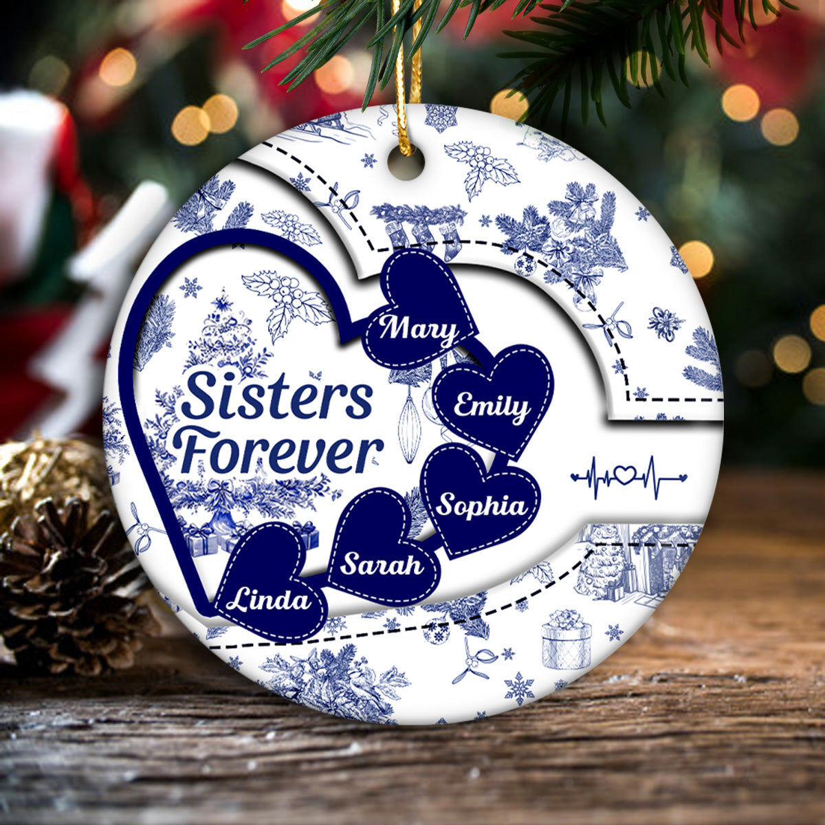 Sisters With Hearts Toile De Jouy Style Personalized Circle Ornament