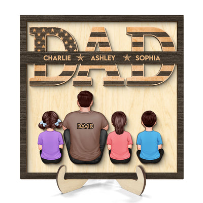 Dad We Love You Flag Man & Kids Sitting Back View Personalized 2-Layer Wooden Plaque