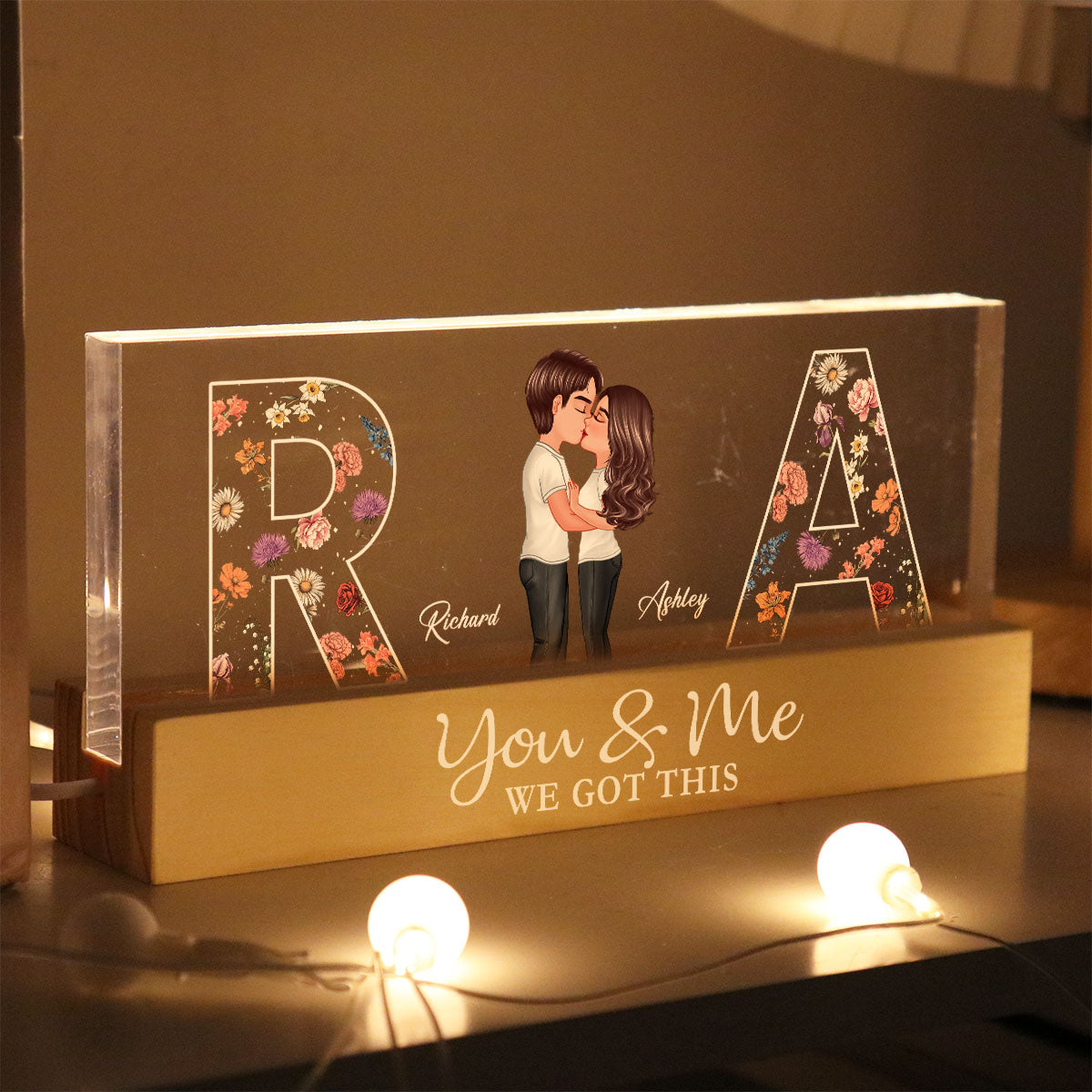 Couple Initials Floral Theme Couple Kissing Anniversary Gift Personalized Acrylic Block LED Night Light