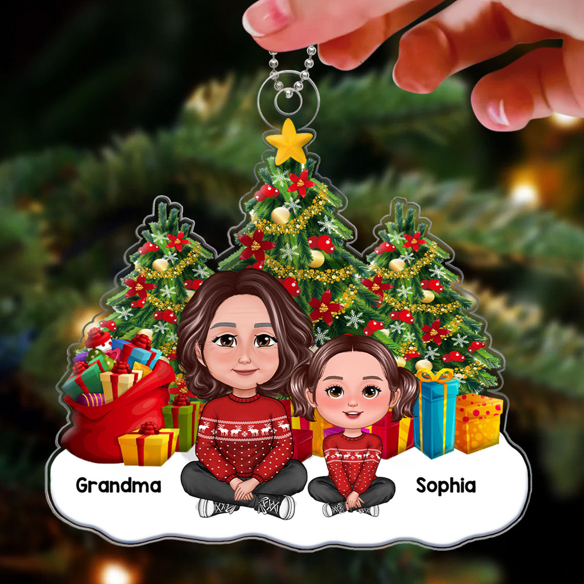Grandma & Grandkids Sitting Crossed Legs Christmas Tree Gift Personalized Acrylic Ornament