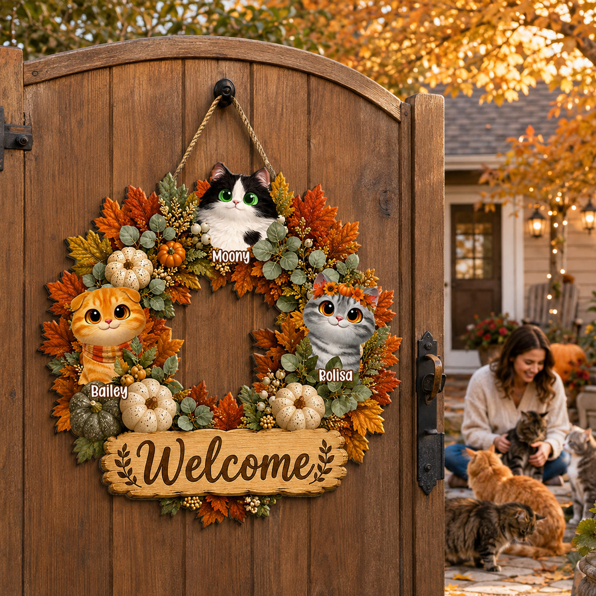 Fall Pumpkin Wreath Cats - Personalized Door Sign - Fall Season Decor Gift, Gift For Cat Lovers