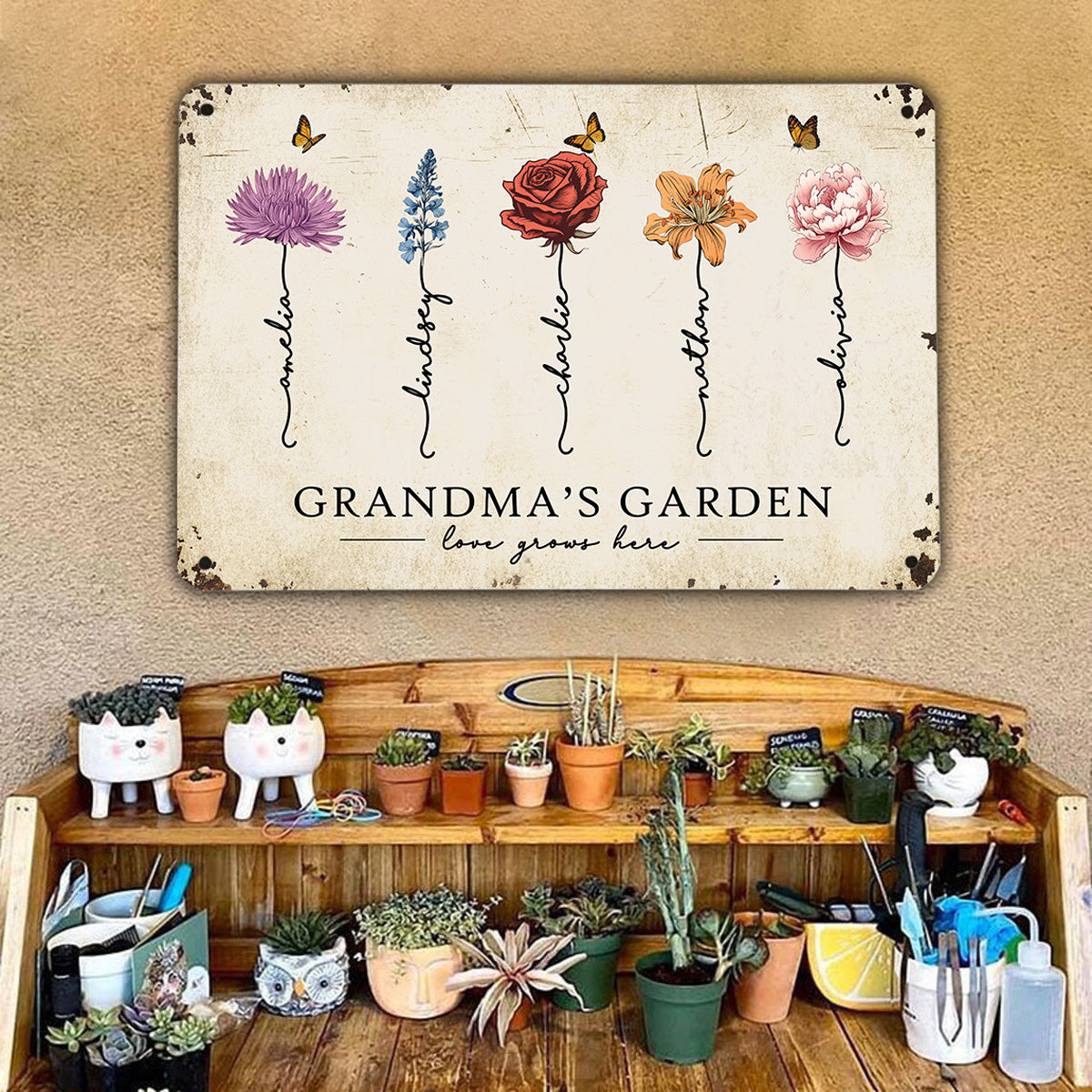 Grandma‘s Garden Love Grows Here Beautiful Birth Month Flower Gift For Grandma Mom Personalized Metal Sign