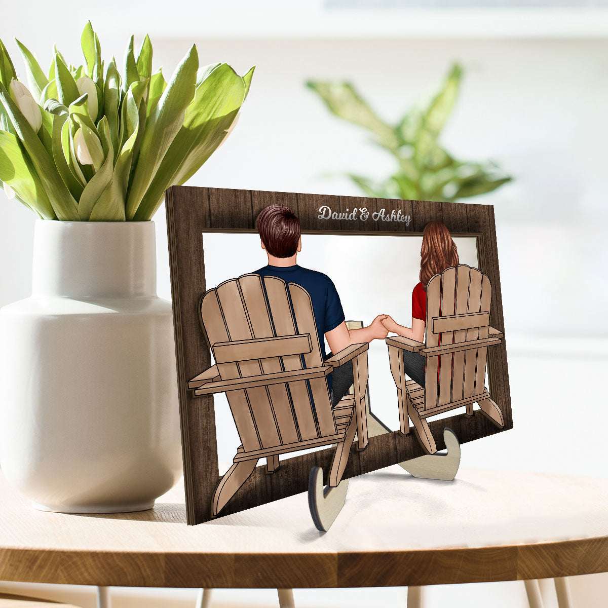 Back View Couple Sitting Beach Frame Personalized 2-Layer Wooden Plaque