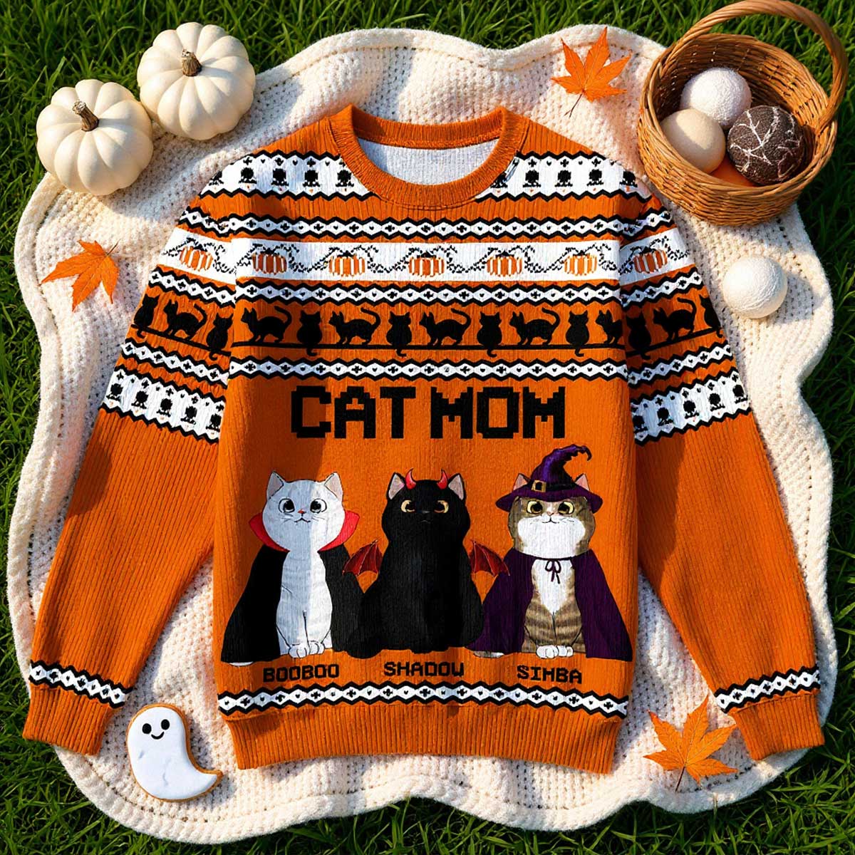 Halloween Fall Cozy Vibe Cat Mom Pattern Personalized Sweatshirt, Unique Gift For Cat Mom