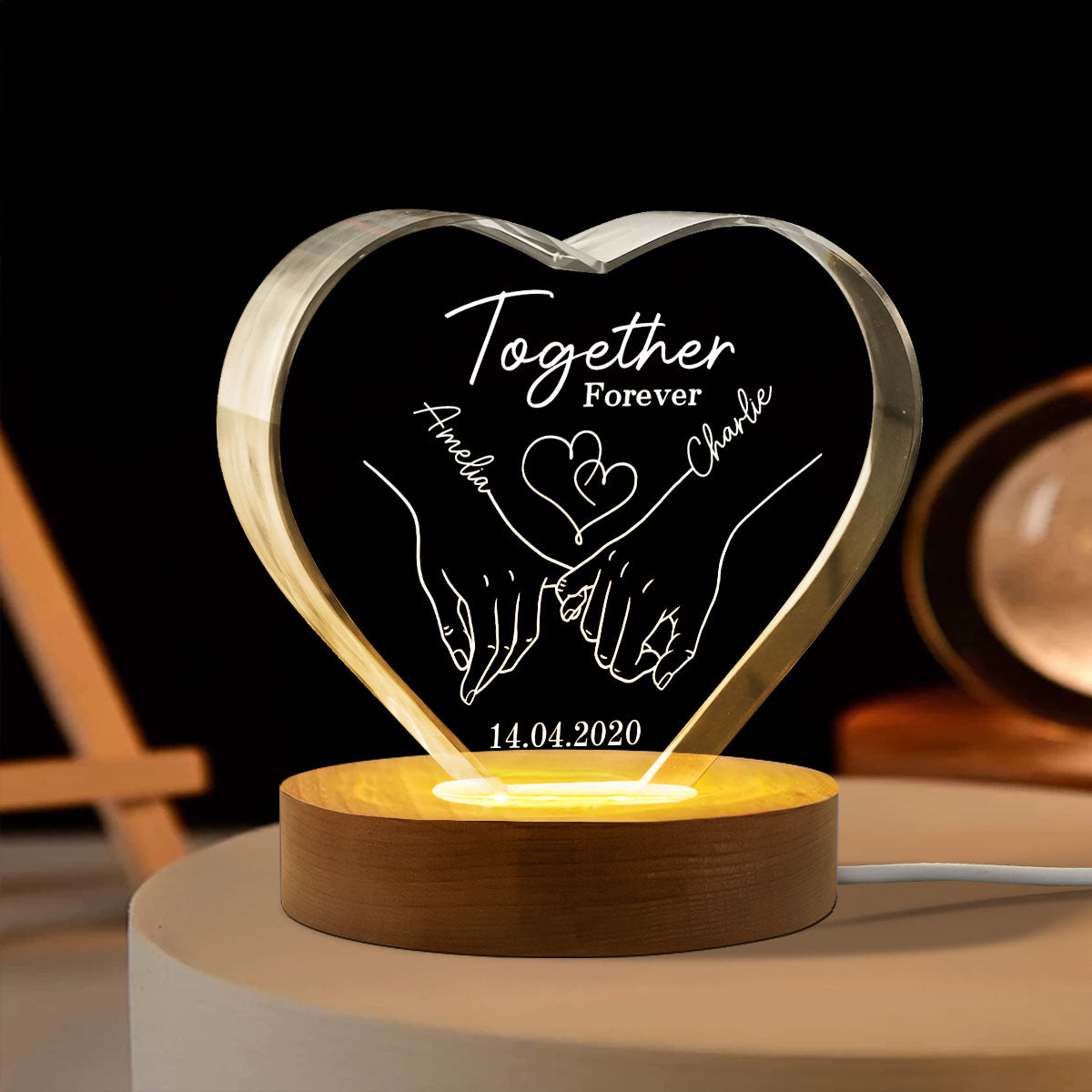 Couple Holding Hands Outline Personalized Premium Crystal Heart LED, Valentines Day Gift, Anniversary Gift for Him, for Her