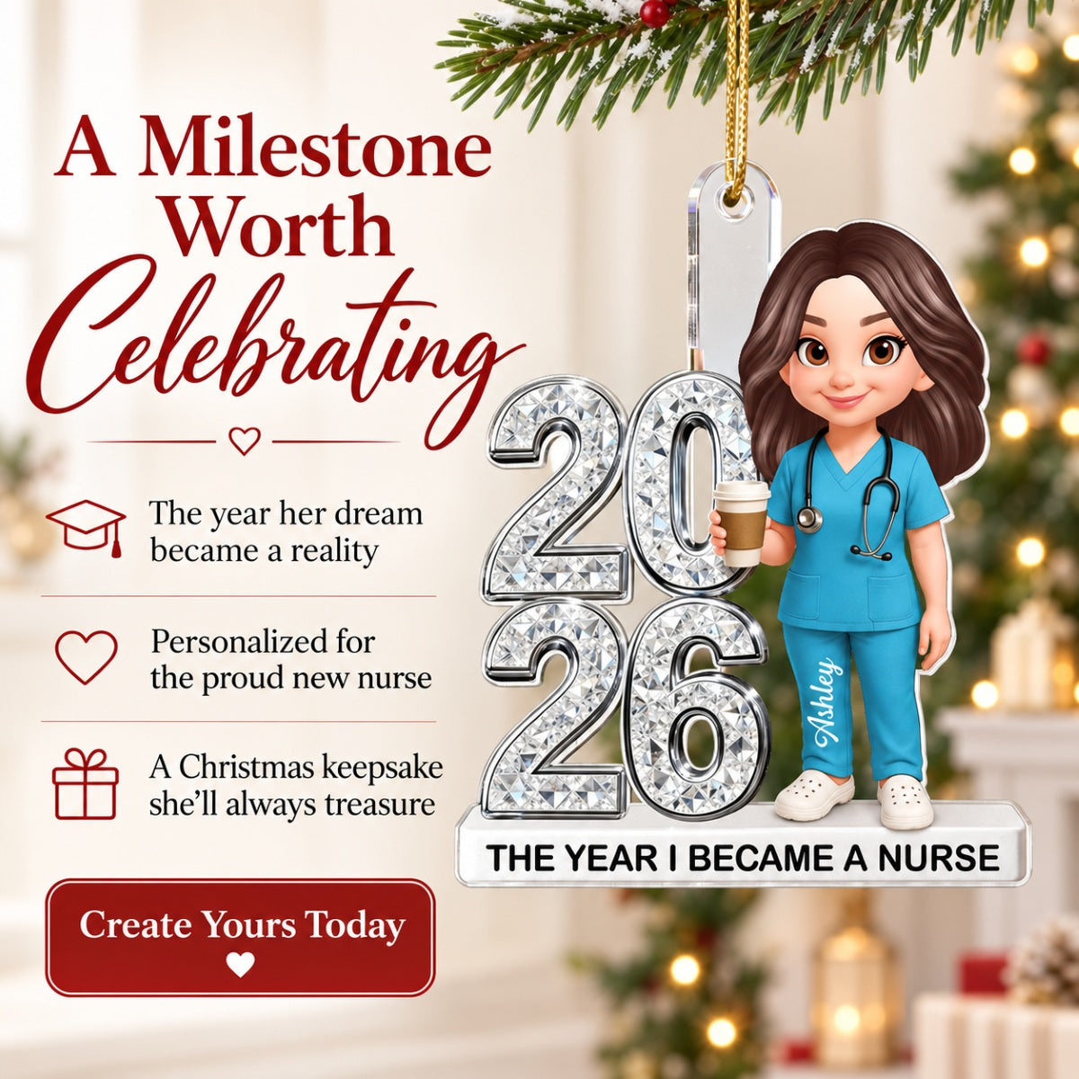 The Year I Became A Nurse - Personalized Acrylic Ornament - Christmas Gift, Graduation Gift For Nurse, Milestone Keepsake For Healthcare Workers