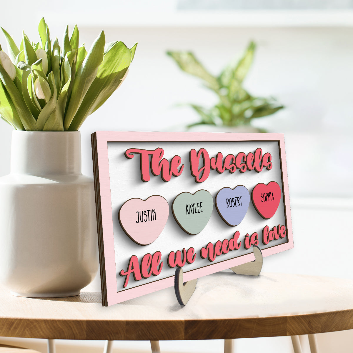 Family Name Sign All We Need Is Love Personalized 2-Layer Wooden Plaque