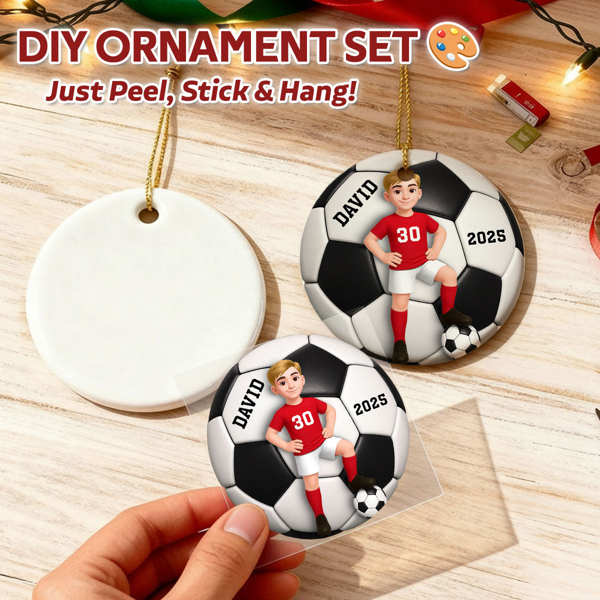 Soccer Girl Boy 3D Effect - Personalized DIY Ceramic Ornament Set with Sticker - Christmas Gift For Daughter, Gift For Son