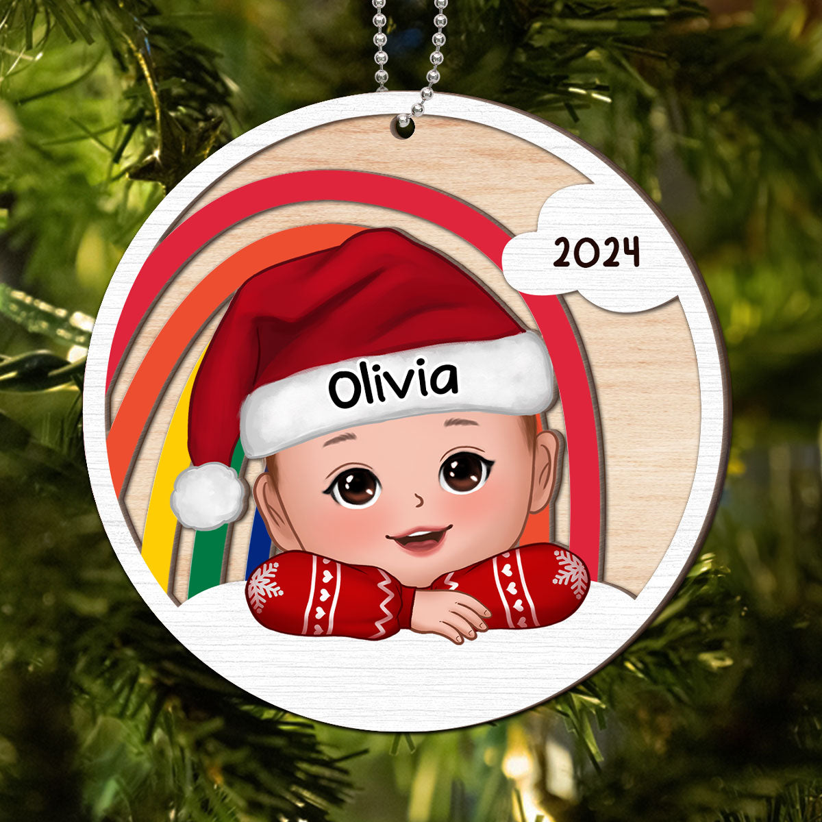 Cute Kid Rainbow Christmas Decor For Son Daughter Grandchildren Personalized 2-Layer Wooden Ornament
