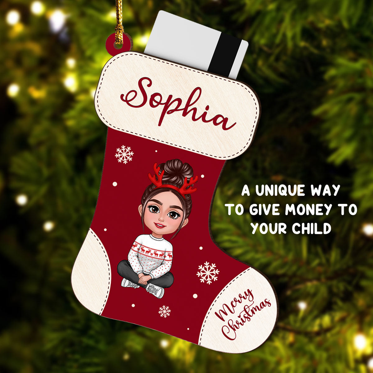 Christmas Stocking Cute Doll Kid Teenage Personalized Money Gift Card Holder Ornament, Unique Christmas Gift For Daughter, Son, Granddaughter, Grandson