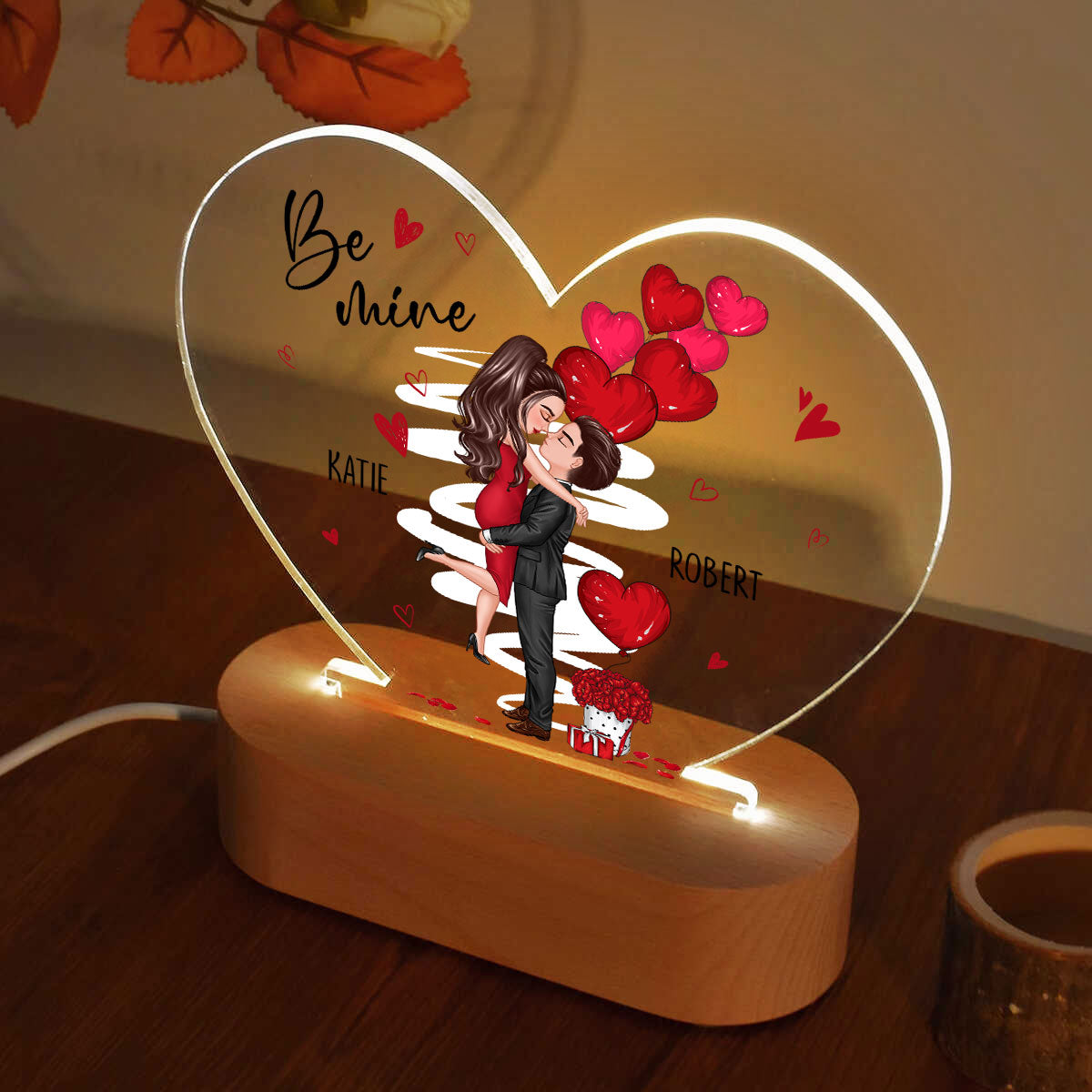 Be Mine Doll Couple Kissing Personalized Heart Plaque LED Night Light - Gift For Him Gift For Her