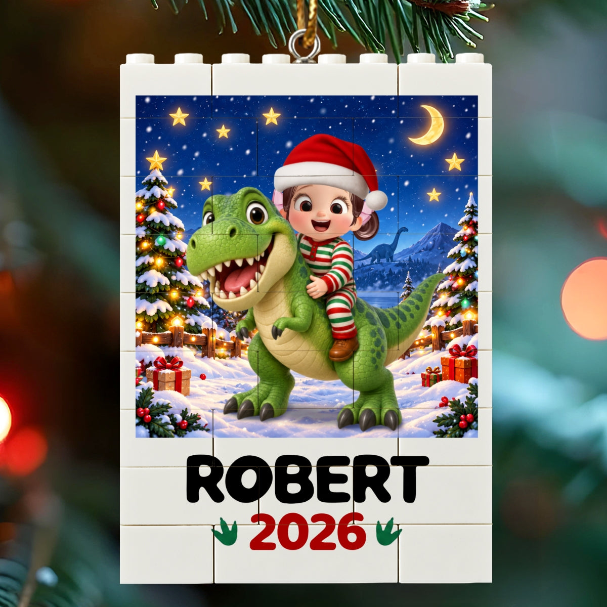Trending Kid With Dinosaur Design For Boy Girl - Personalized Building Blocks Ornament - Christmas Gift For Grandkids