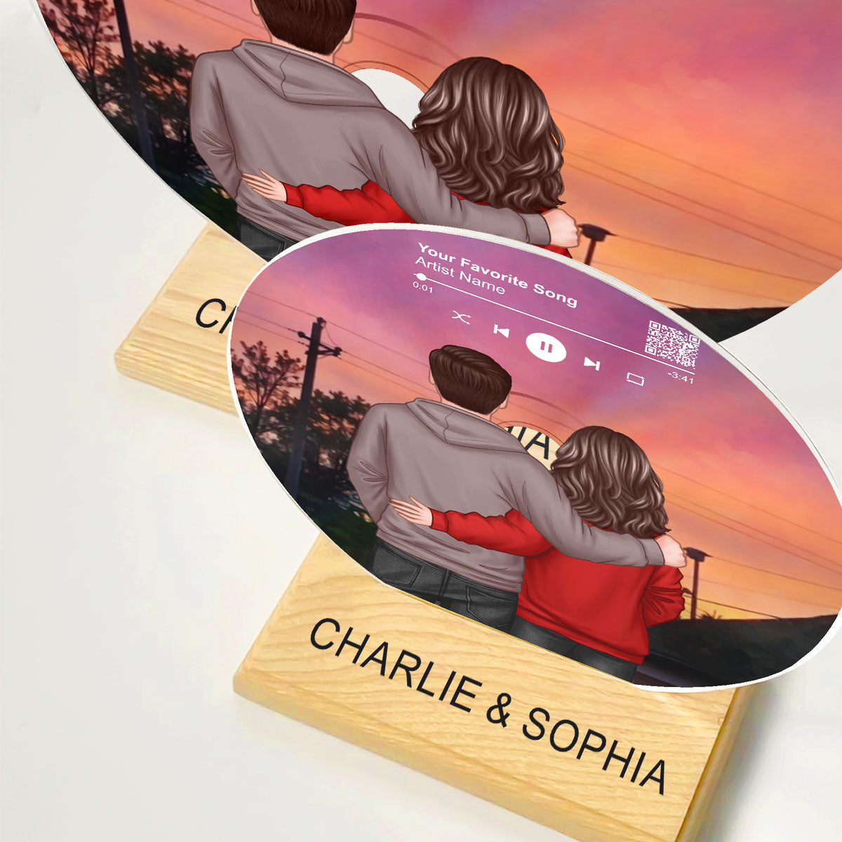Couple Back View In the Sunset Custom Vinyl Record Acrylic Song Plaque, Scannable QR Code, Personalized Birthday, Anniversary Gift for her and for him