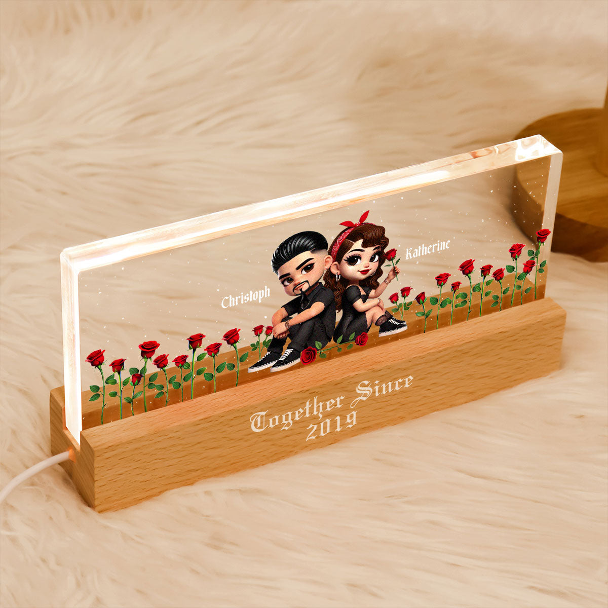 Pretty Couple Roses Heart Together Since Personalized Acrylic Block LED Night Light,  Gift, Anniversary Gift for Couples