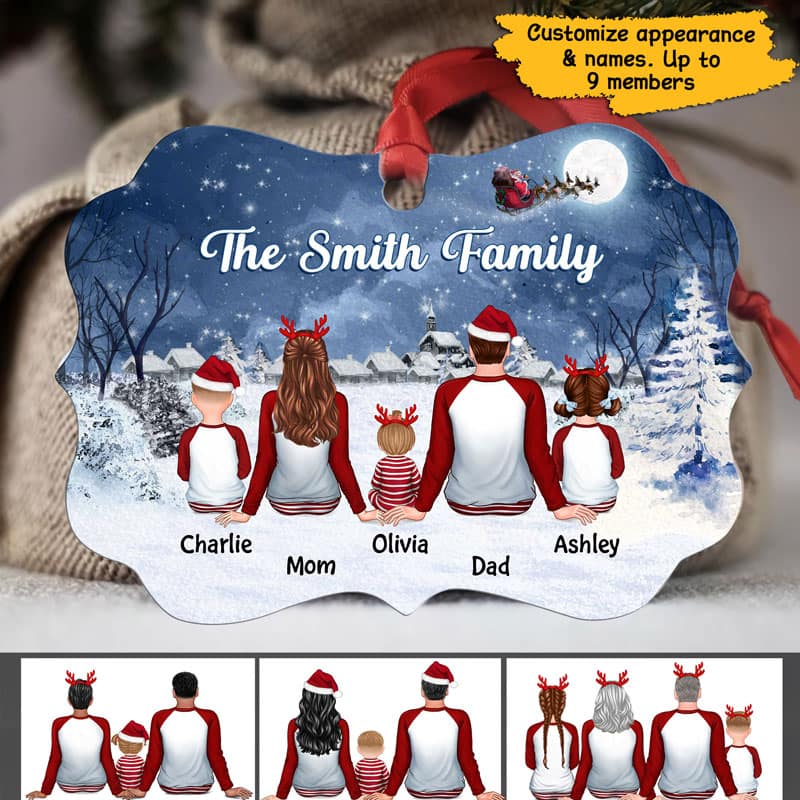 Family Pajamas In Snow Santa Sleigh Personalized Christmas Ornament
