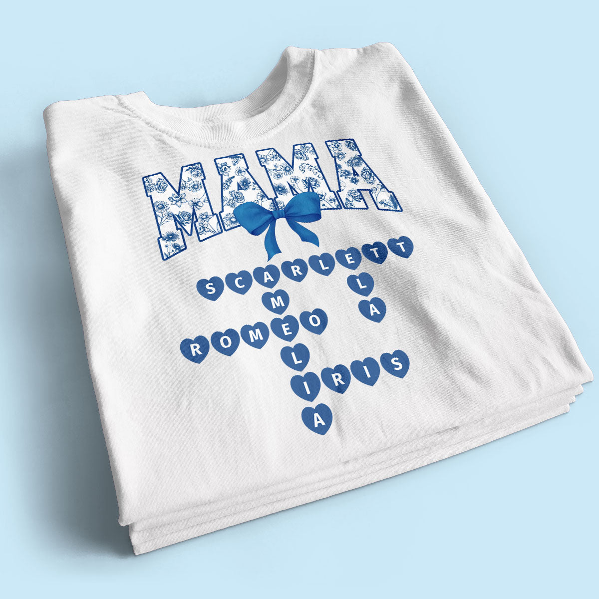 Grandma Mom Mimi Nana Gigi Floral Toile Blue Flower Grandkids Names Crosswords Personalized Shirt