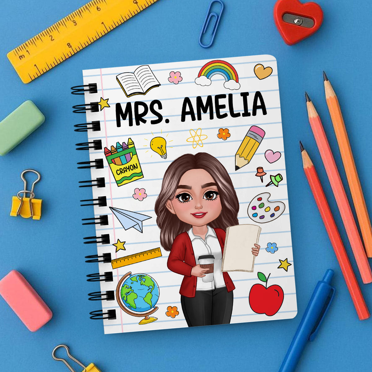 School Things Notebook Page Teacher Name Personalized Spiral Notebook Journal, Back To School Stationery