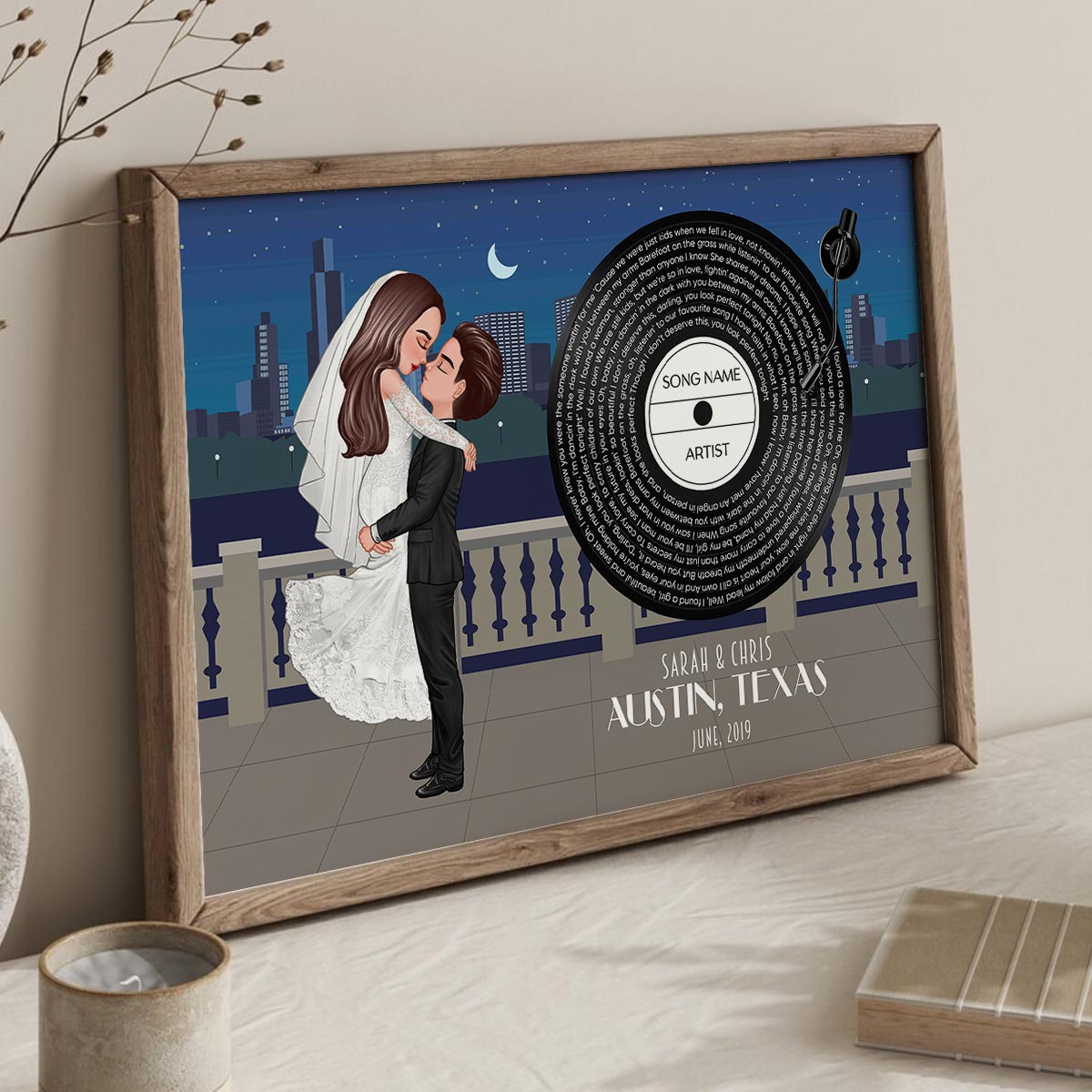 Groom & Bride City Wedding Song Poster, Personalized Couple Cartoon Portrait Wedding Gift Anniversary Gift  Gift For Him, For Her