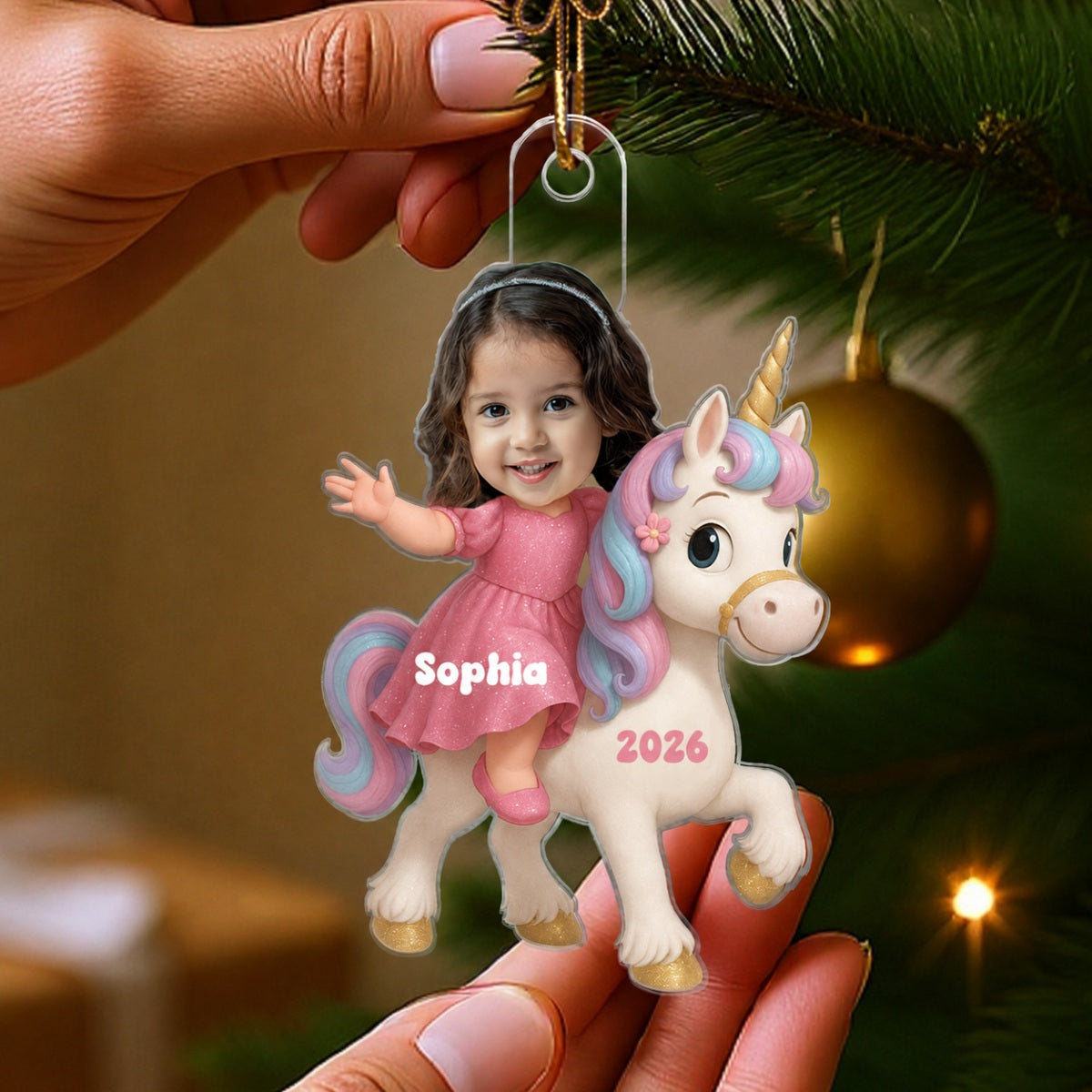 3D Effect Custom Kid Photo Face With Unicorn Christmas Personalized Acrylic Ornament