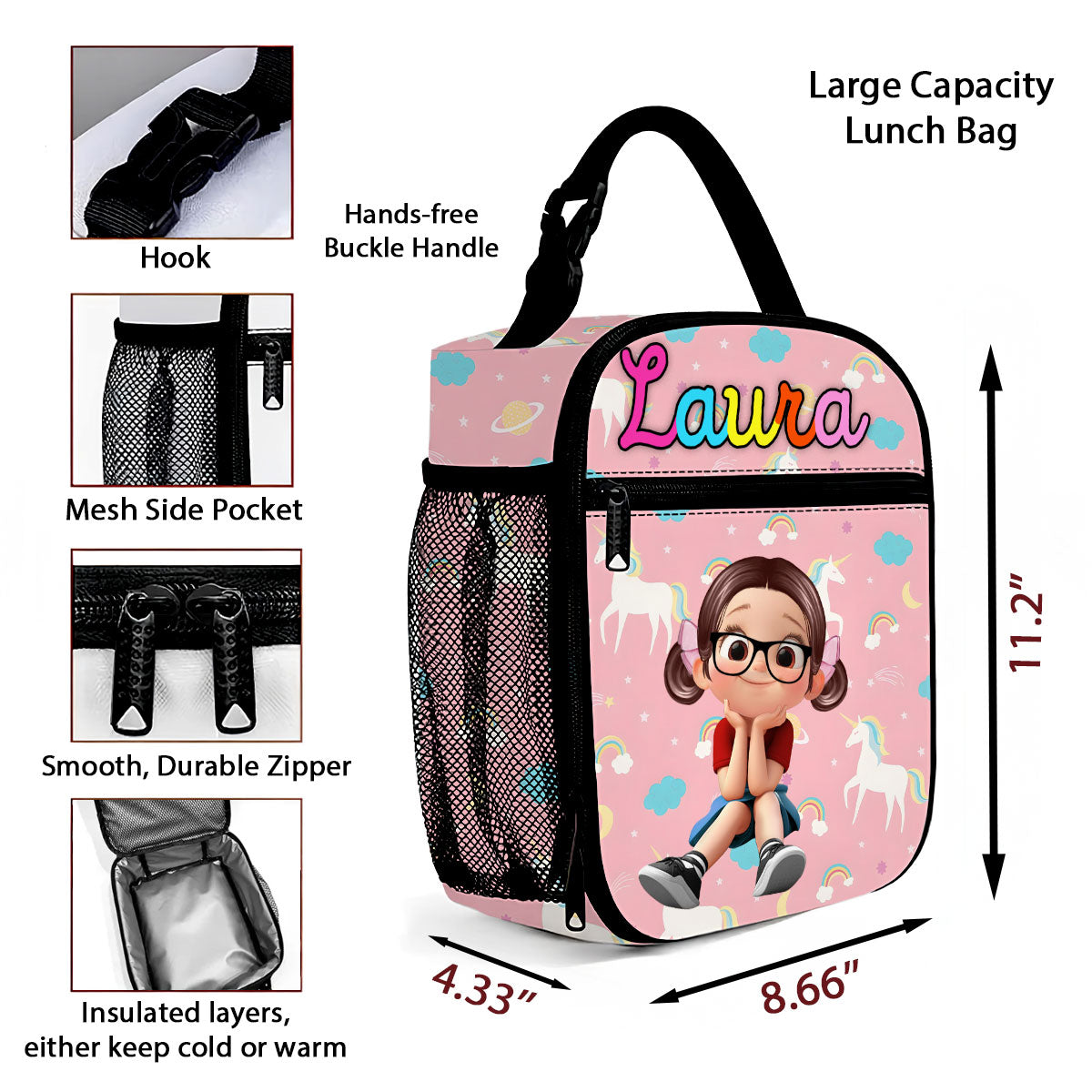 Personalized Insulated Kid Lunch Bag, Back to School Meal Tote Kit for Girls, Boys