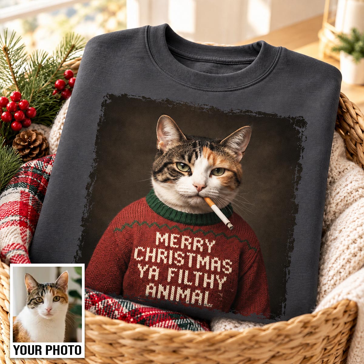 Funny Christmas Smoking Cat Upload Pet Photo - Personalized Shirt - Sarcastic Holiday Meme Tee, Cool Cat Lover Gift, Vintage Grunge Xmas Cat Gift, Ironic Pet Shirt