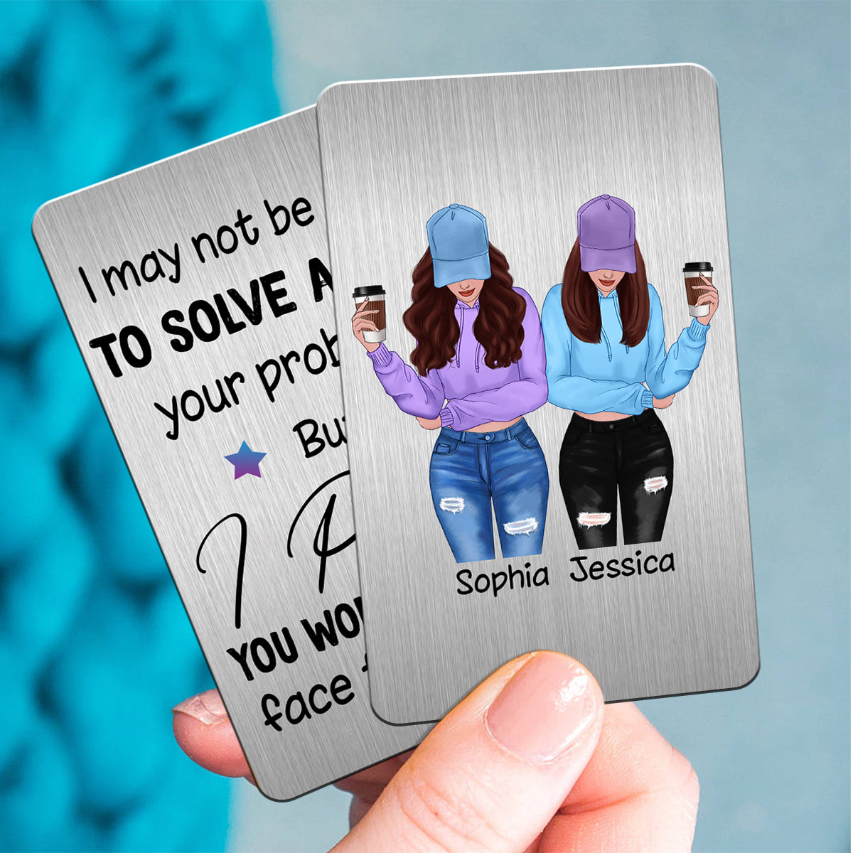 Front View Besties Gift For Best Friends Personalized Metal Wallet Card