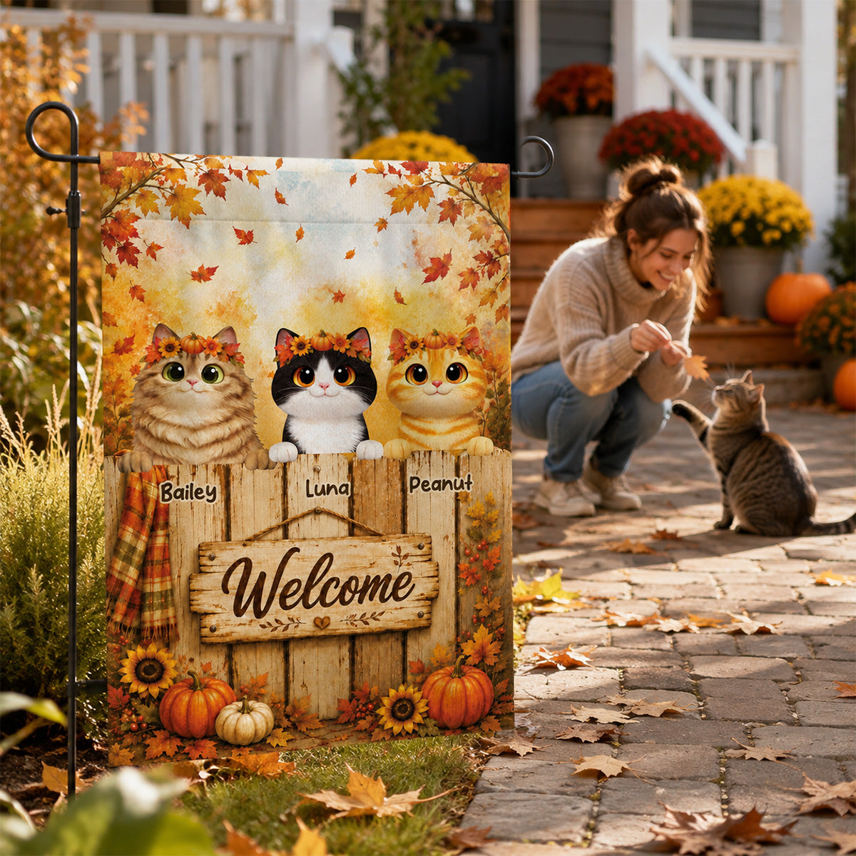 Cozy Fall Welcome Cats Peeking On Fence - Personalized Garden Flag - Fall Season Decoration