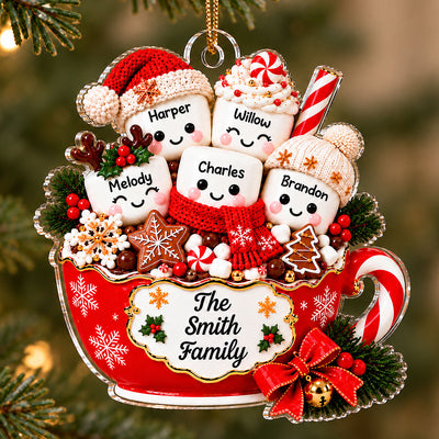 Hot Cocoa Marshmallow Family 2D Flat - Personalized Acrylic Ornament - Custom Names Family Gift